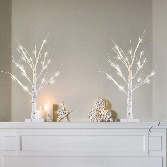 2 Pack 24” Birch Tree White Light 18LT Warm Battery Powered Timer Home Decor - Picture 1 of 7